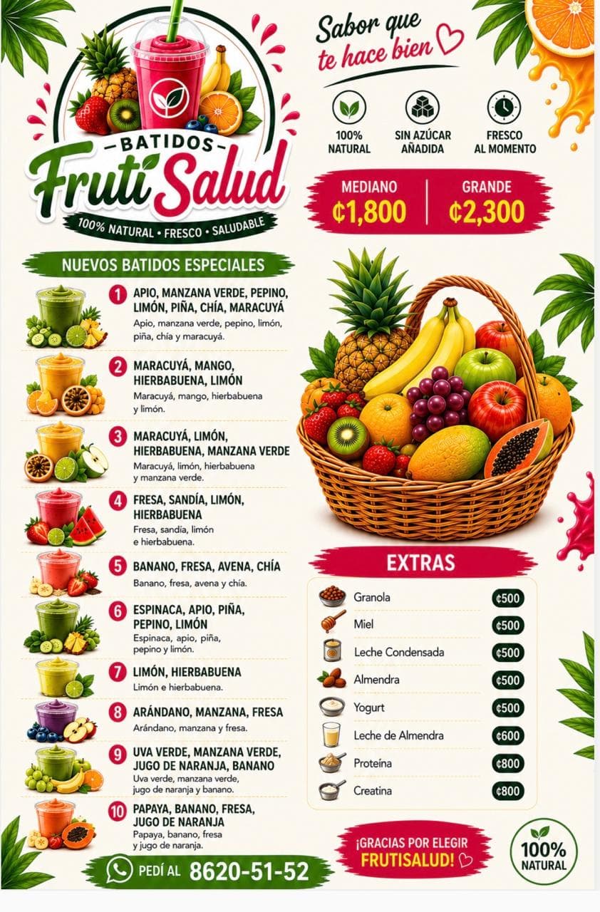 Fruti Salud Products — Menu of juices, smoothies, and snacks available for Express delivery