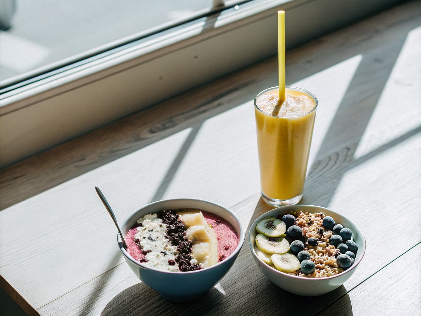 Smoothie bowls and blended fruit smoothies
